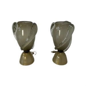 Pair of Italian Art Deco style Grey and Gold Leaf Murano Glass Vase Lamps 